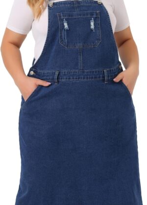 Women Plus Size Overalls Dresses Jean Skirt Distressed Racerback Suspender Denim Overall Dress
