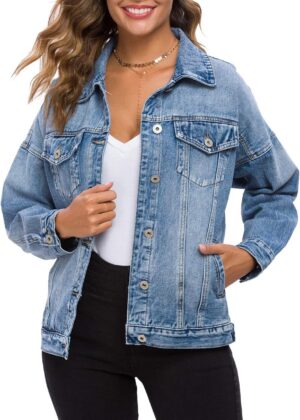 Women  Vintage Washed Denim Jacket Long Sleeve Classic Loose Jean Trucker Jacket D003