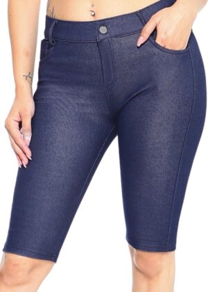 Women Cotton 5 Pocket Bermuda Shorts No Muffin Top Pull On Knee Length Jeggings Stretchy Jean Leggings