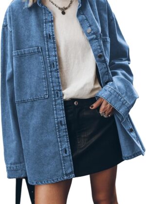 Women d Jean Jacket Casual Button Up Denim Overshirt Trendy Long Sleeve Denim Jacket Coat