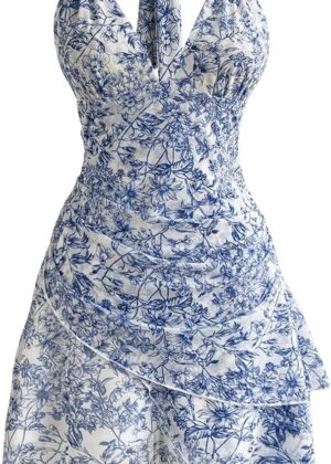 Women Floral Print Sleeveless Halter Deep V Tie Mini Dress Ruched Backless Slim Fit Cami Dresses Knot Boho Dress