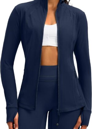 Women's Zip Up Workout Jackets with Pockets Slim Fit Cottony Soft Jacket for Running Athletic Yoga