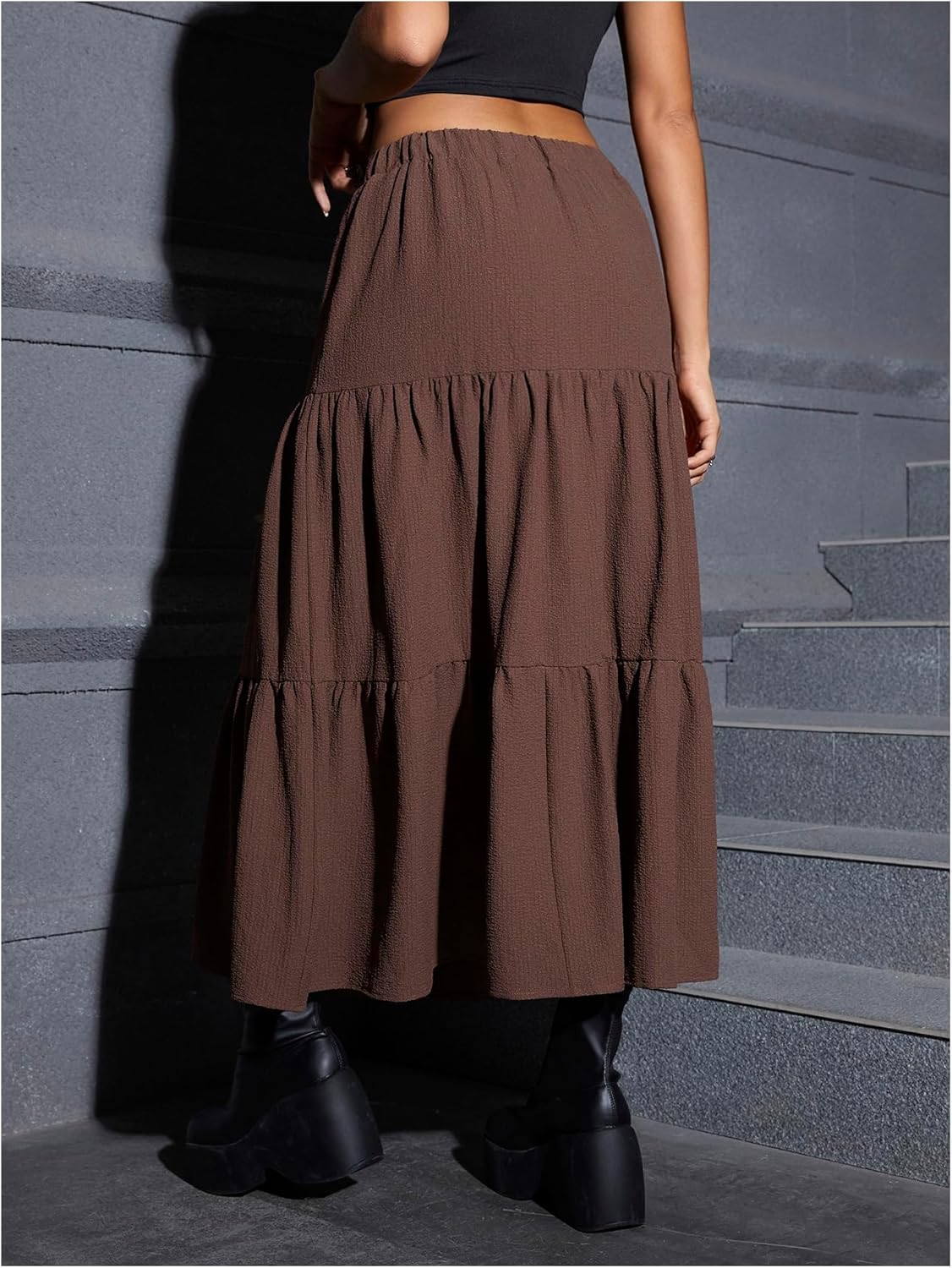 Women Maxi Skirt Elastic High Waist Ruffle Hem Casual Long Skirts - Image 2