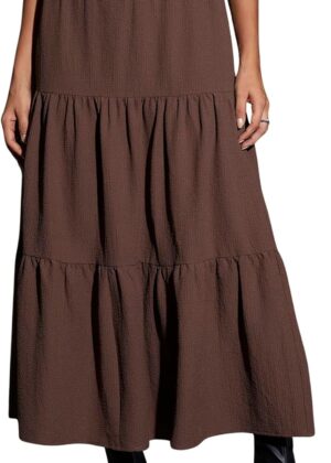 Women Maxi Skirt Elastic High Waist Ruffle Hem Casual Long Skirts