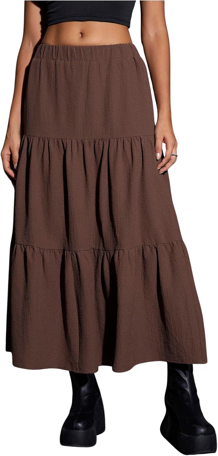 Women Maxi Skirt Elastic High Waist Ruffle Hem Casual Long Skirts