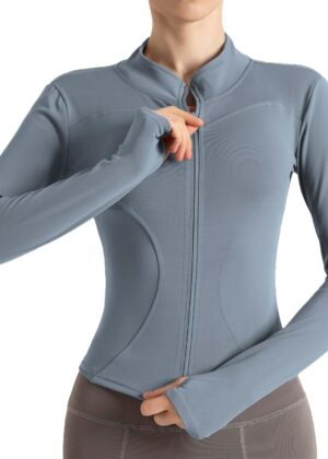 Women's Cropped Lightweight Stretchy Running Track Jackets Full Zip Slim Fit Athletic Tops with Thumb Holes