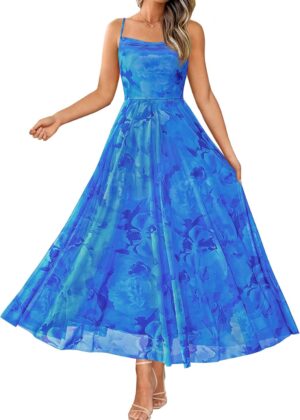 Women Summer Floral Maxi Dresses Elegant Spaghetti Strap Dress Printed Party Dress Beach Long Dresses