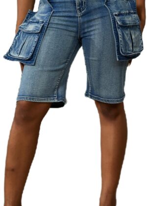 Cargo Jean Shorts Women Stretchy Denim Knee Length Short Jeans