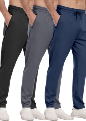 3 Pack Mens Athletic Sweatpants with Zipper Pockets,Workout Gym Joggers Pants for Men Running Jogging Pants
