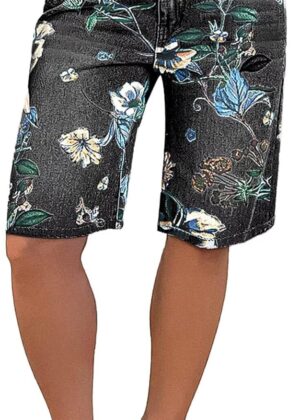 High Waisted Bermuda Shorts for Women Knee Length Floral Print Stretchy Summer Denim Shorts Trendy