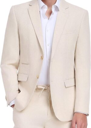Men Linen Suits 2 Piece Casual Regular Fit Linen Blazer Jacket and Pants for Summer Beach Wedding