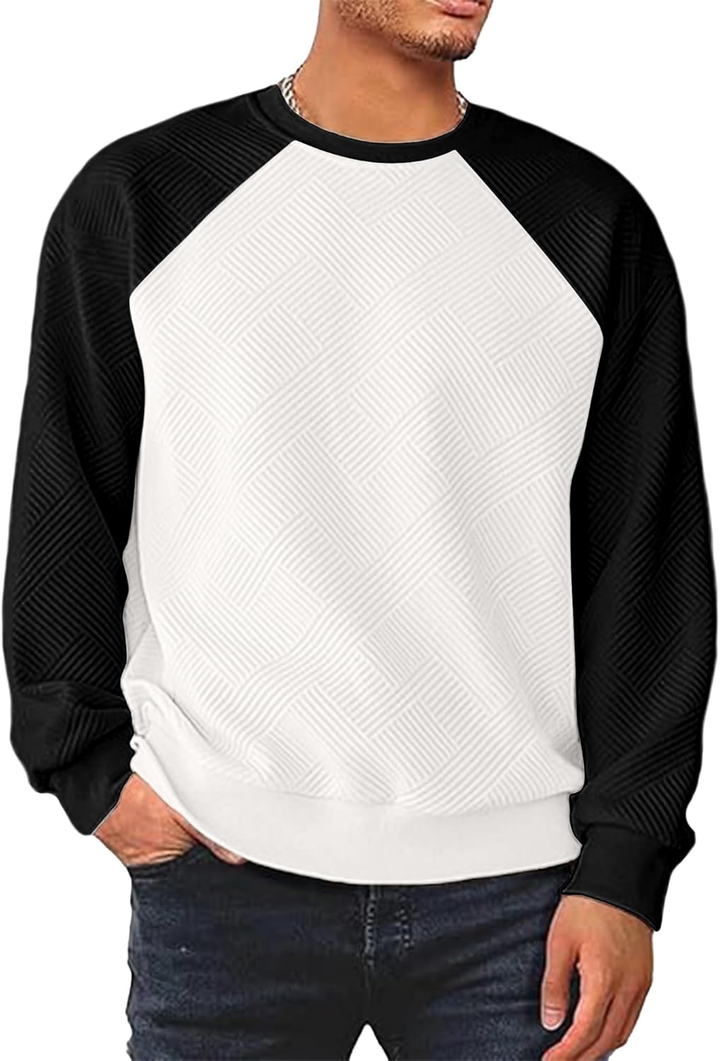 Men's Crewneck Sweatshirts Long Sleeve Solid Color Geometric Texture Casual Pullover Shirt