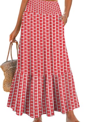 Maxi Skirts for Women 2025 Summer Boho Long Flowy Floral Elastic High Waist Skirt Casual Travel Skirt with Pockets