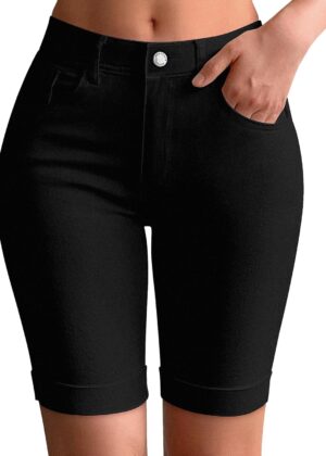 Women Mid Rise Roll Cuff Bermuda Stretch Denim Jean Shorts