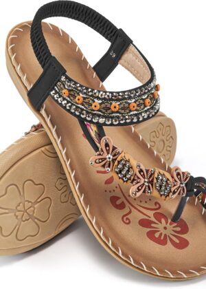 Women Sandals Flats Shoes: Comfortable Bohemian Beaded Dressy Summer Flat Casual Ankle Strap Elastic Slip on Beach Sandal