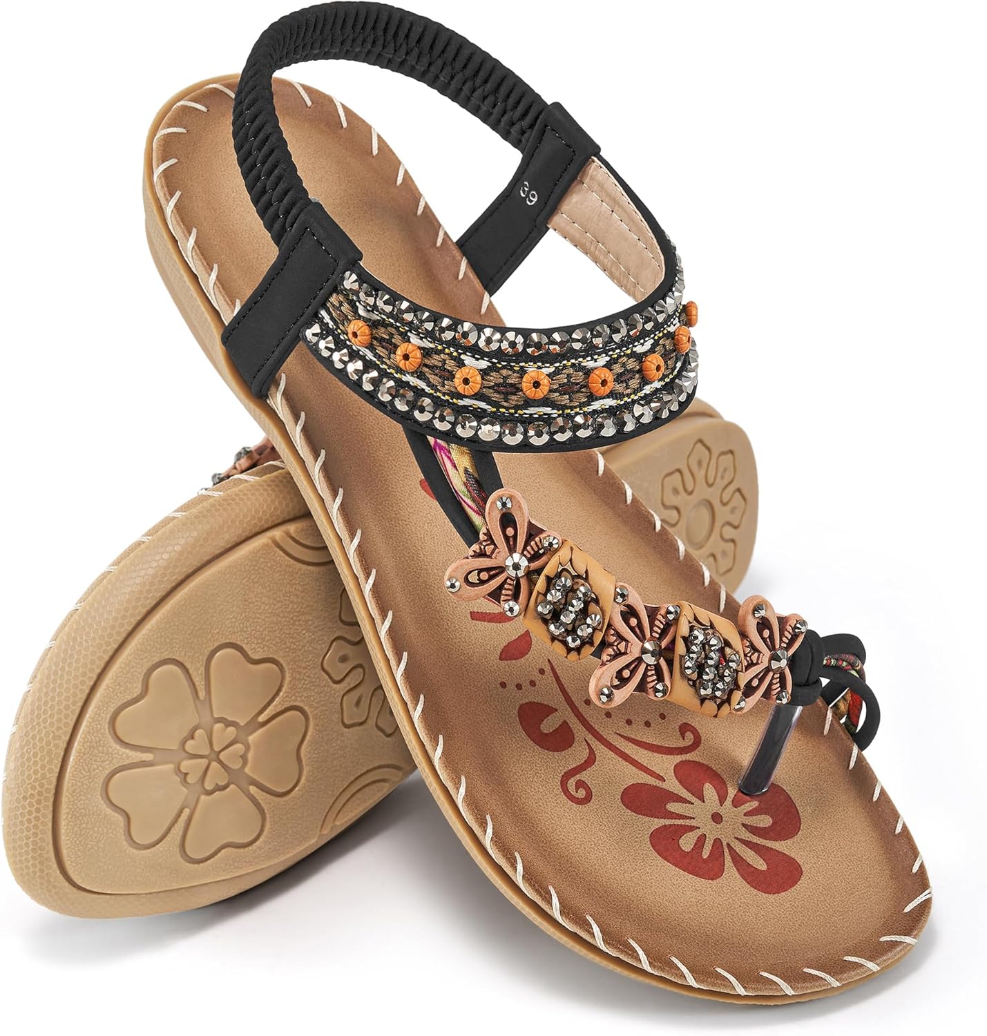 Women Sandals Flats Shoes: Comfortable Bohemian Beaded Dressy Summer Flat Casual Ankle Strap Elastic Slip on Beach Sandal