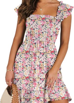 Women Summer Casual Sleeveless Square Neck Dress 2025 Smocked Ruffle Backless Boho Beach Cute Teen Short Sundress