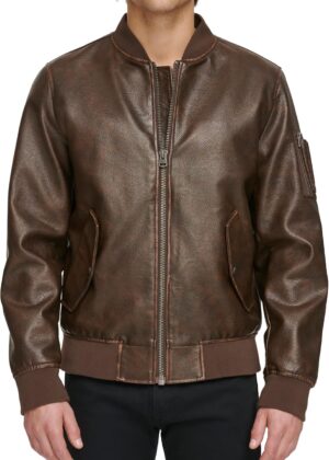 Men Faux Leather Varsity Bomber Jacket