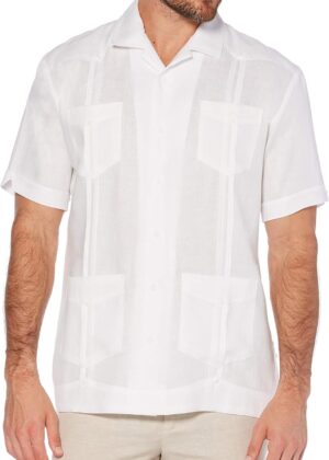 Men 100% Linen Short Sleeve Button-Down Guayabera Shirt, Four Pockets, Camp Collar, Pintuck Detail, Lightweight