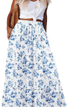 Women Casual Maxi Skirts for Women 2025 High Waist Boho Skirts Floral Printed Long Flowy Skirt with Pockets