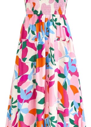 Women Summer Dresses 2025 Casual Spaghetti Strap Ruffle Smocked Flowy Floral Print Maxi Dress with Pockets