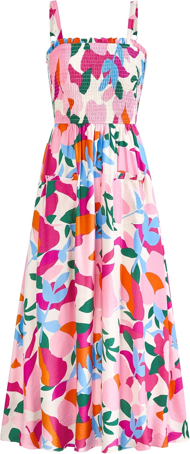 Women Summer Dresses 2025 Casual Spaghetti Strap Ruffle Smocked Flowy Floral Print Maxi Dress with Pockets