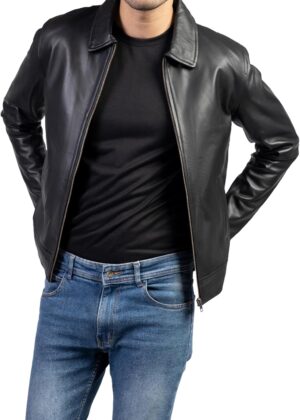 Polo Collar Premium Leather Jacket Men - Old School Classic Style Everyday Wear Real Lambskin Mens Leather Jacket