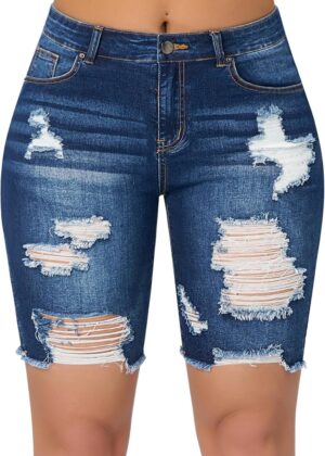 Women High Waisted Ripped Bermuda Denim Shorts Stretchy Knee Length Jean Shorts