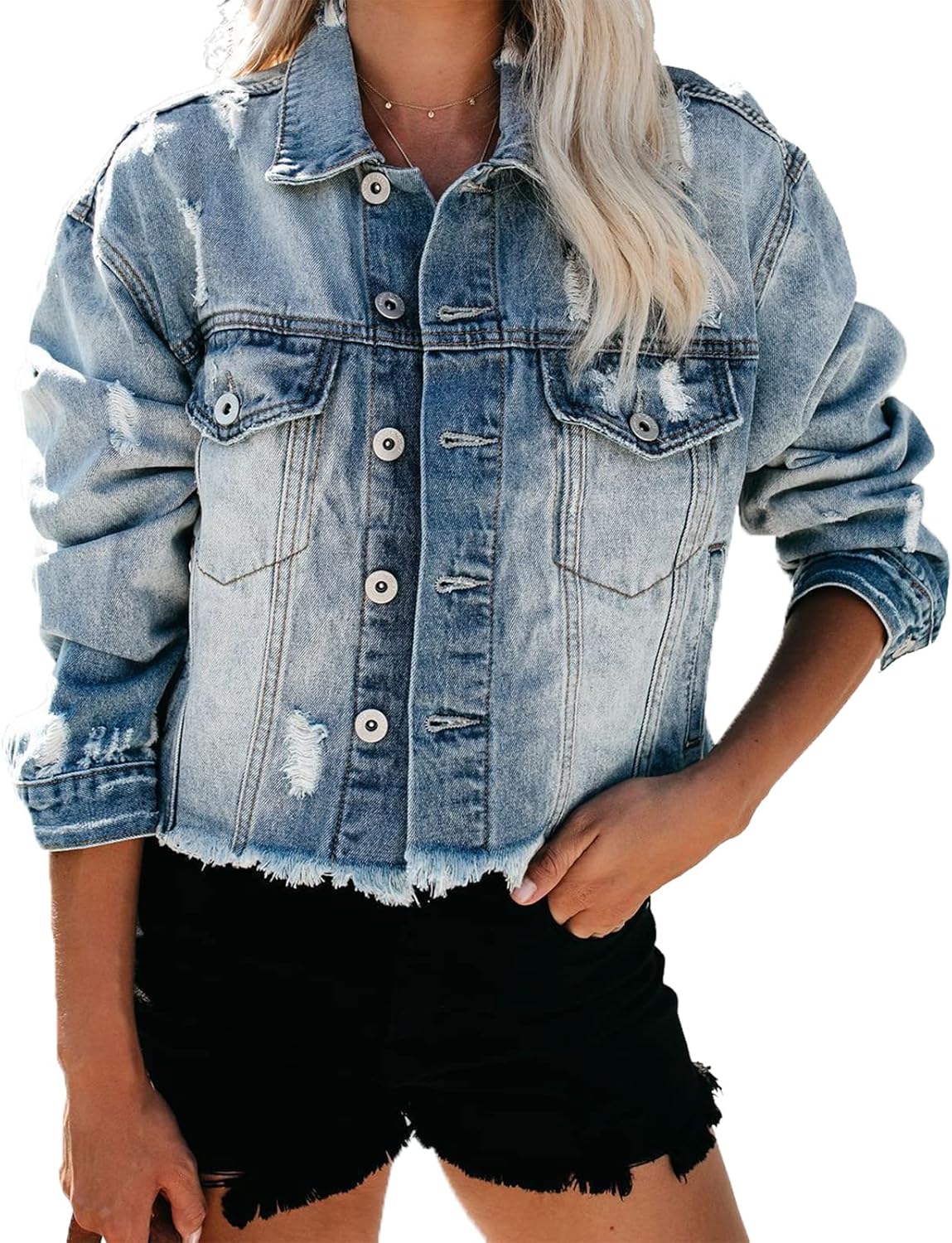 Denim Jackets for Women Button Down Cropped Frayed Jean Jacket Long Sleeve Distressed Ripped Denim Jacket Coat - Image 2