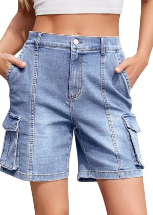 Bermuda Cargo Shorts for Women Knee Length 6 Pockets Elastic Waist Long Shorts for Summer Casual