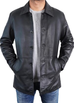 Men Classic Winter Leather Car Coat 3/4 Length - Button Up Real Lambskin Long Jacket