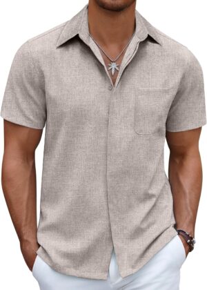 Men Linen Shirt Casual Short Sleeve Button Down Shirt Summer Beach Vacation Wedding Wear