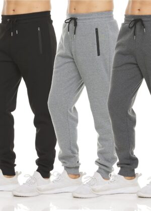 Mens 3 Pack Fce Active Athletic Workout Jogger Sweatpants for Men with Zipper Pocket and Drawstring Size S-3XL