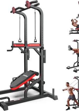 Pooboo Power Tower Dip Station, Pull-Up Bar, Supine Board, Adjustable