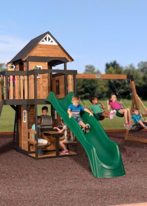 Backyard Discovery Canyon Creek Cedar Wood Swing Set with Wave Slide, Clubhouse, Play Kitchen, Picnic Area, Belt Swings, Web Swing, Rock Wall, Balconies, Playhouse, Step Ladder, Outdoor Playset