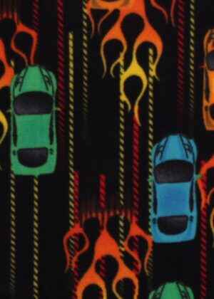 Fast Cars & Flames on Black Anti Pill Fleece Fabric