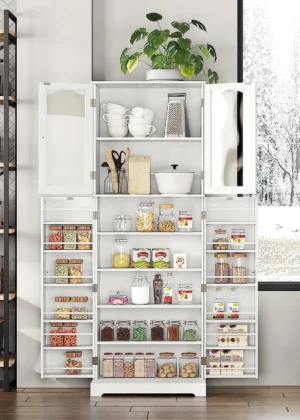 HOMEFORT 64" Kitchen Pantry Cabinet, Modern Tall Cabinet with MDF board and Adjustable Shelves, Freestanding Utility Storage Cabinet Cupboard for Kitchen, Living Room, Dining Room, White