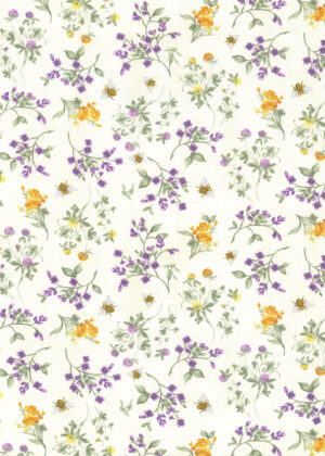 Hi Fashion Bee & Lavender on White Premium Cotton Fabric